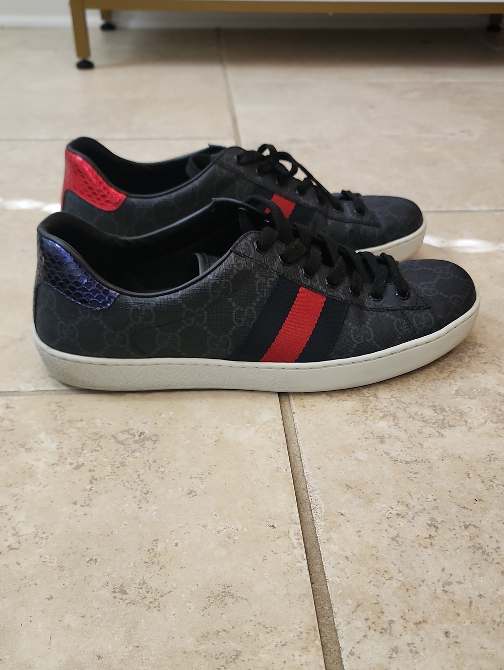 Gucci Black GG Canvas Sneakers with Red Web Stripe and Iridescent Heel Tabs